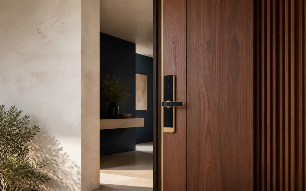 Application inspiration: a smart lock on a contemporary walnut entrance door.